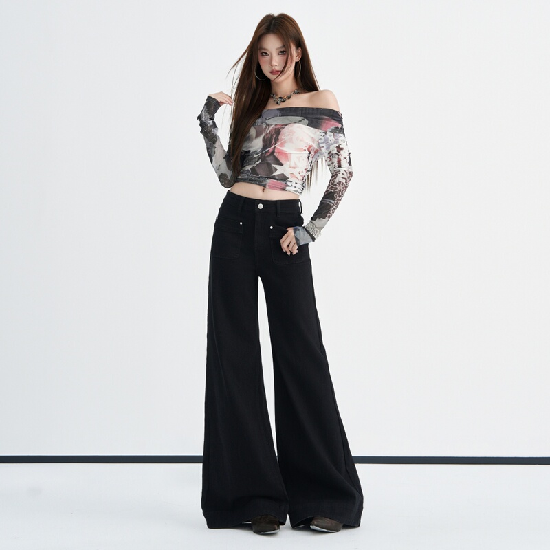 Yxke Black Sweet Cool Style Elastic High-Waisted Flared Jeans for Women 2026 Early Autumn New Style Personality Pocket Slim Pants