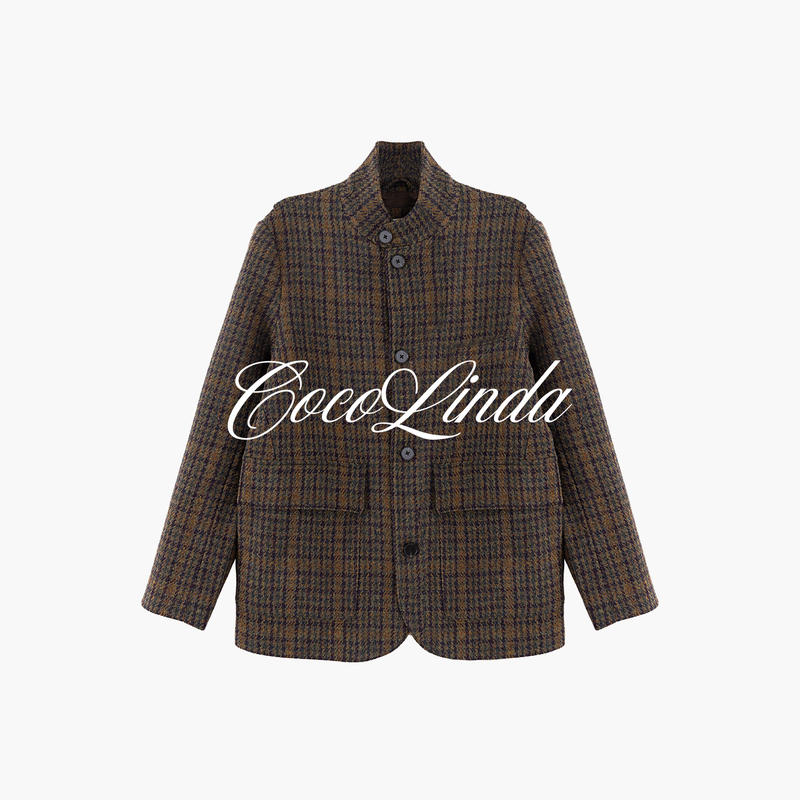 Cocolinda |   100% Wool Double-Slit Mixed-Color Plaid Stand-Up Collar Jacket W4013