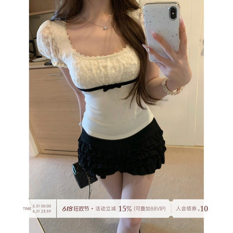 Lukira Pampered Little Miu French-Style Elegant Lace Square-Neck Puff Short-Sleeve T-Shirt for Women, Summer Slim-Fit Top