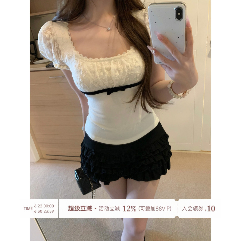 Lukira Pampered Little Miu French-Style Elegant Lace Square-Neck Puff Short-Sleeve T-Shirt for Women, Summer Slim-Fit Top Lukira Pampered Little Miu French-Style Elegant Lace Square-Neck Puff Short-Sleeve T-Shirt for Women, Summer Slim-Fit Top