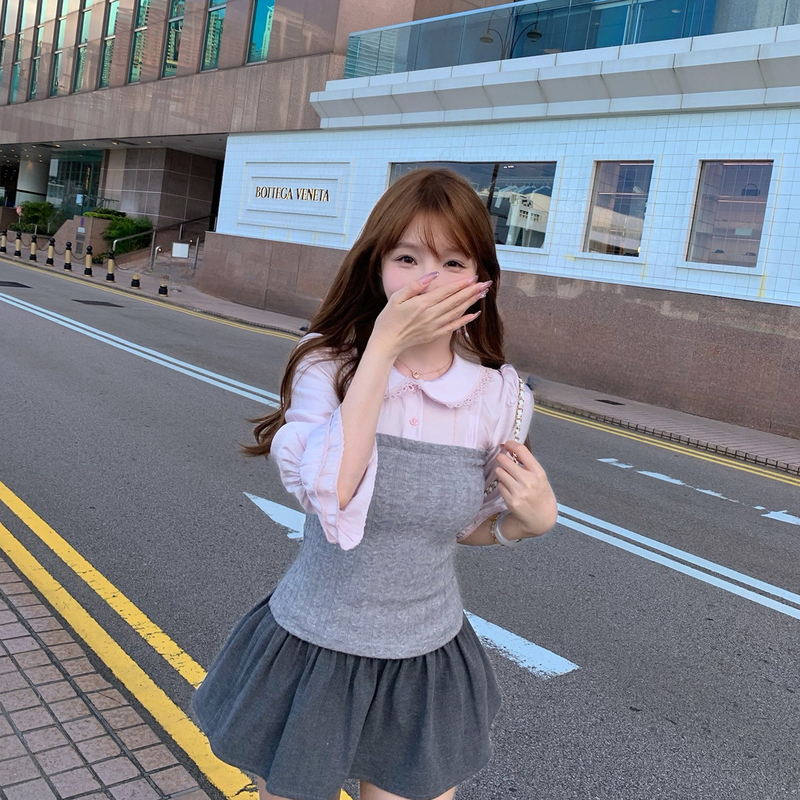 Lukira College Letterhead Pink Doll Collar Knitted Patchwork Shirt Women's Autumn and Winter Waist-Slimming Top Lukira College Letterhead Pink Doll Collar Knitted Patchwork Shirt Women's Autumn and Winter Waist-Slimming Top