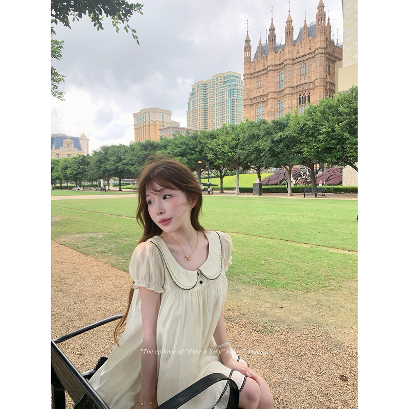 Lukira Vintage French Style Doll Collar Puff Sleeve Dress Women's Summer High Waist A-Line Short Skirt Lukira Vintage French Style Doll Collar Puff Sleeve Dress Women's Summer High Waist A-Line Short Skirt