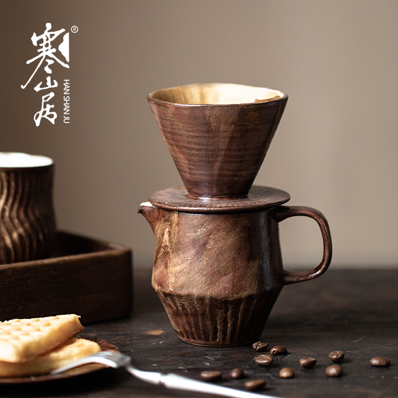 Handmade Rustic Pottery Pour-Over Coffee Pot Japanese Style Funnel Filter Coffee Tea Cup Mug Sharing Pot