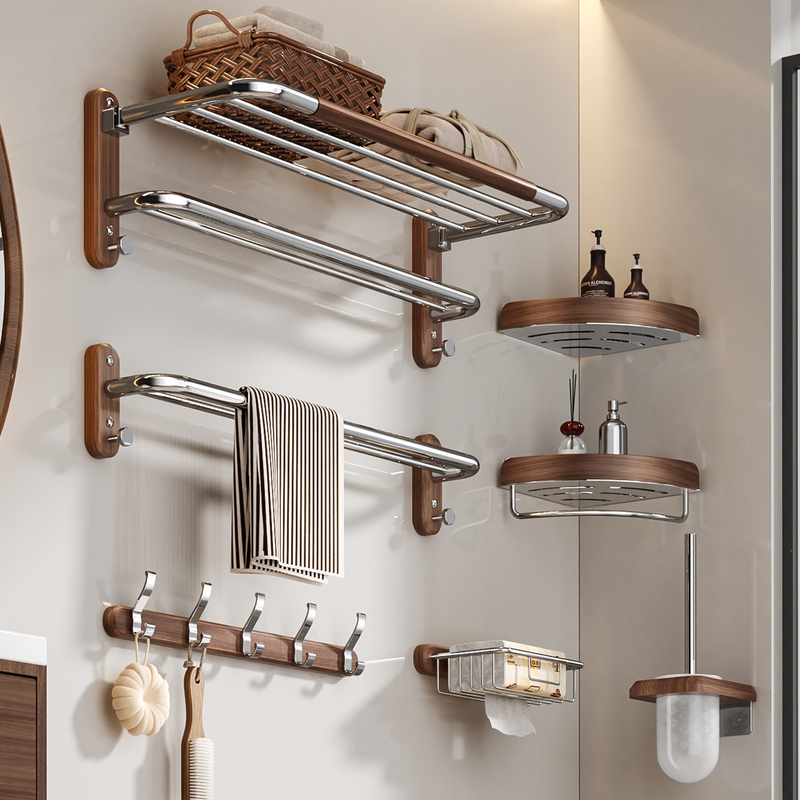 Walnut Towel Rack Bathroom No-Drill 304 Stainless Steel High-End Bathroom Toilet Towel Storage Rack