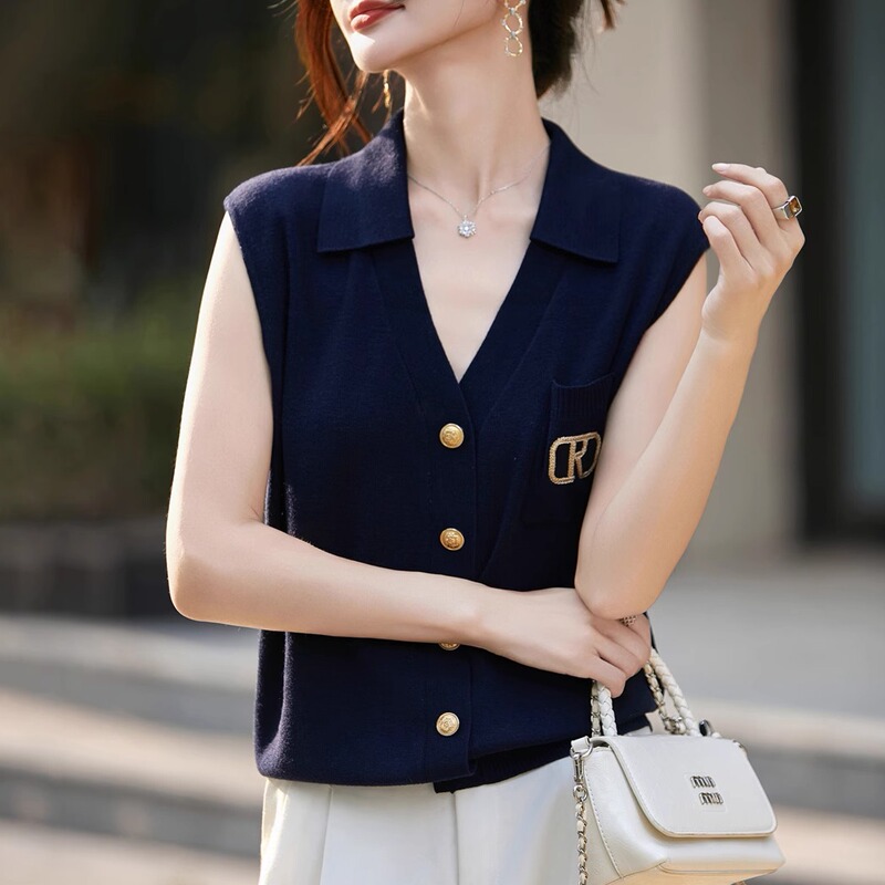 High-End Polo Collar Sleeveless Knitted Cardigan for Women 2026 Summer New Style Ice Silk Cool Versatile Vest