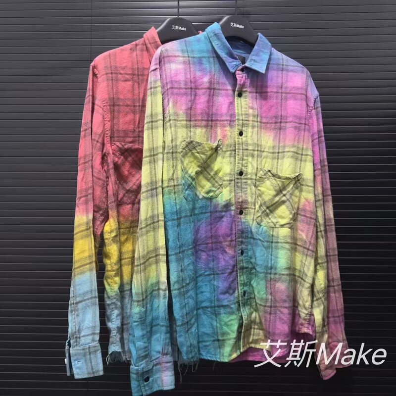 Esmake Rainbow Tie-Dye Destroyed Washed Distressed Plaid Shirt