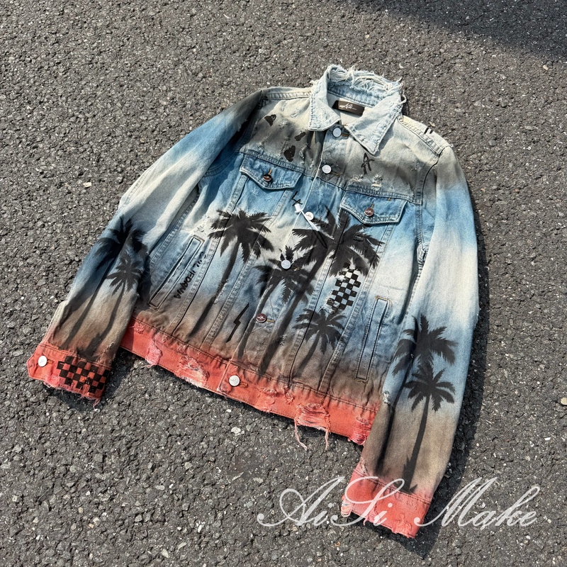 Ace Make Coconut Tree Denim Jacket, Unparalleled Rendering, Scimitar Sleeves, Hand-Painted Prints, Compare It to the Market!