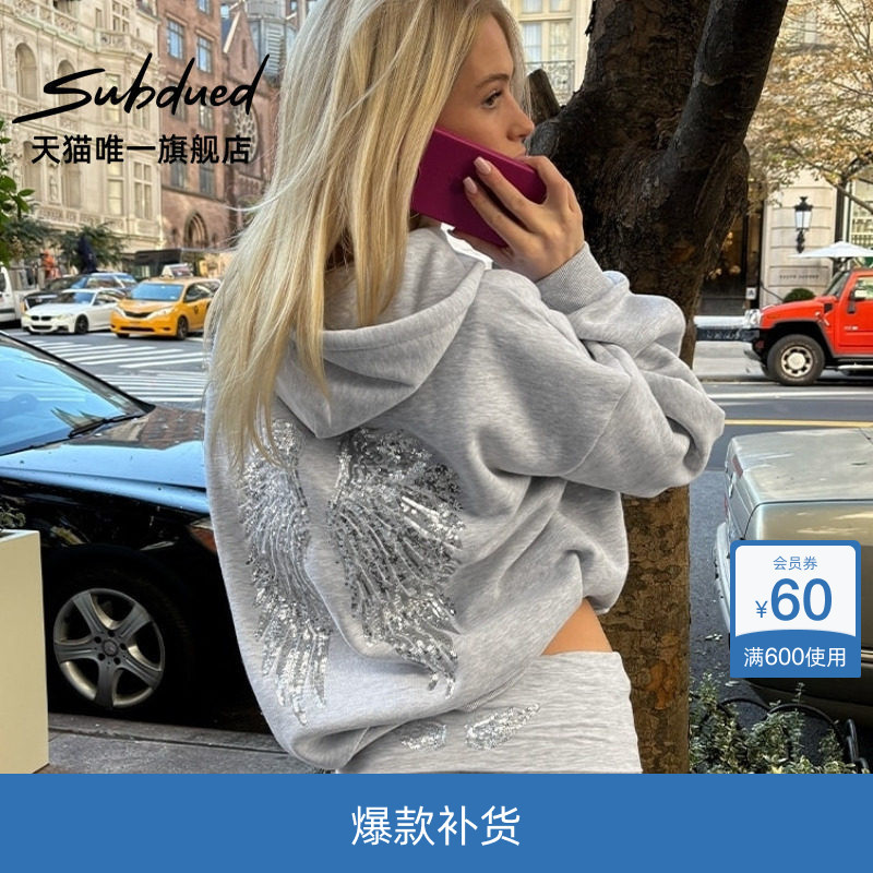 [Same Style as Ouyang Diidi] Subdued Sweatshirt 26 New Summer Women's Clothing with Wing Sequin Patches Hoodie