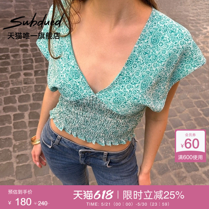 Subdued T-Shirt 26 Summer Women's V-Neck Bohemian Print Waist-Cinching Pleated Short Sleeves Subdued T-Shirt 26 Summer Women's V-Neck Bohemian Print Waist-Cinching Pleated Short Sleeves