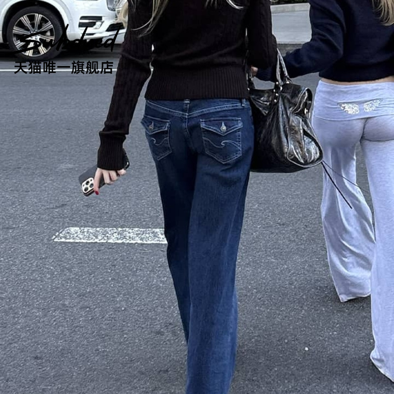 Subdued Jeans Summer Low-Waist Embroidered Back-Button Straight Wide-Leg Pants