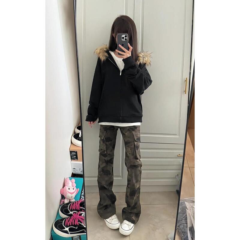 Monster Laboratory American Retro Camouflage Cargo Pants for Men, Autumn Slim Straight-Leg Pants, Slightly Flared Jeans