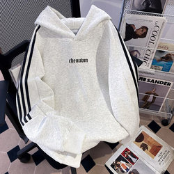 Chenuvm American-Style Trendy Brand Fashion Three-Stripe Patterned Hooded Fleece Sweatshirt for Men and Women Casual Couple Tops