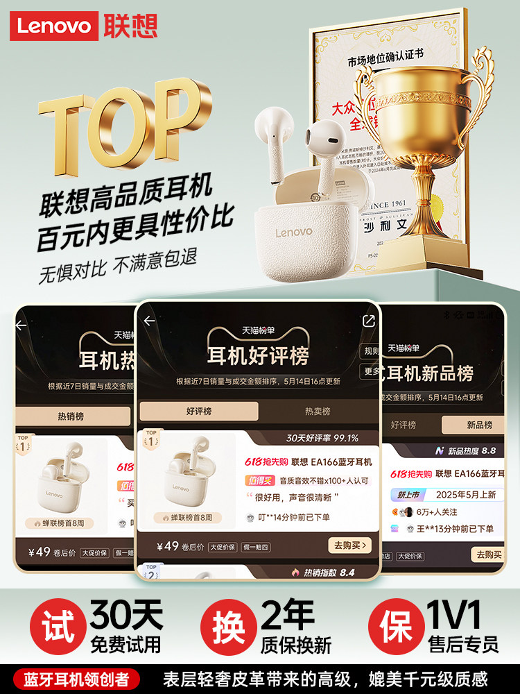 Lenovo Bluetooth Headphones 2025 New Model Semi-In-Ear for Girls, Comfortable for Long Wear, Wireless Noise Reduction, High Sound Quality, Official Genuine Product