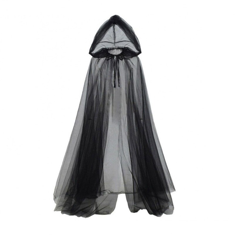 Halloween Black Mesh Cape Cloak for Women, Three-Layer Cape, Double-Layer Hat, Wedding Dress, White Bridesmaid Mesh Costume