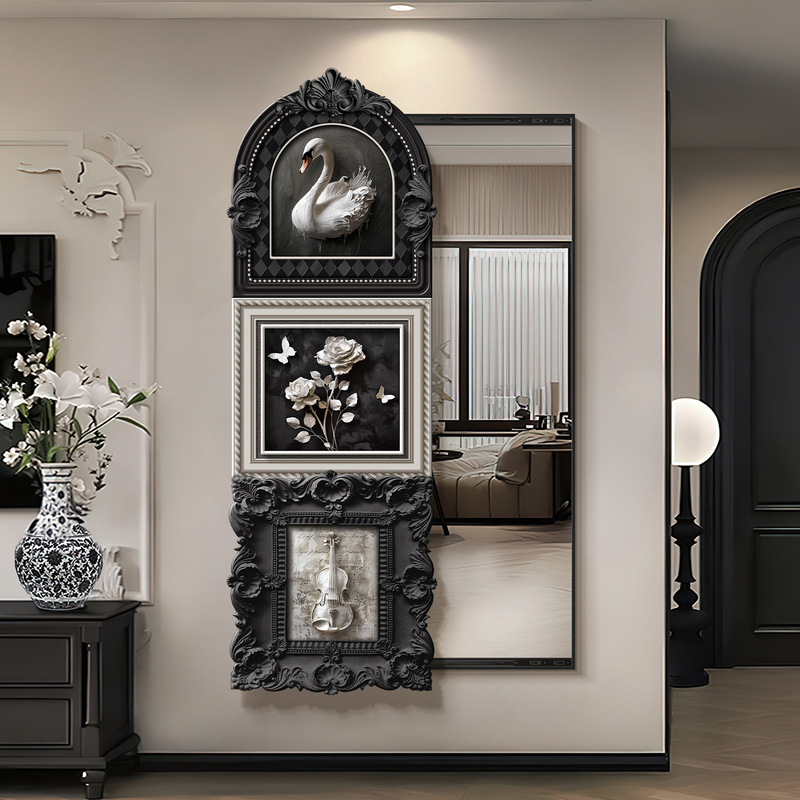 Medieval-Style Black and White Invisible Sliding Full-Length Mirror Decorative Painting, Retro High-End Concealed Dressing Mirror Wall Hanging Painting Medieval-Style Black and White Invisible Sliding Full-Length Mirror Decorative Painting, Retro High-End Concealed Dressing Mirror Wall Hanging Painting