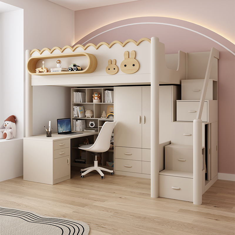 Bunk Bed with Desk, Wardrobe, Bookcase, Loft Bed for Small Apartments, Adult Home Use