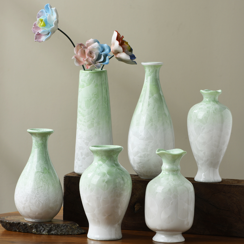 Kiln-Turned Crystal Glaze Vase, Green Living Room Ceramic Tabletop Ornament, Home Decoration Flower Arrangement Vessel, Modern Ceramic Vase