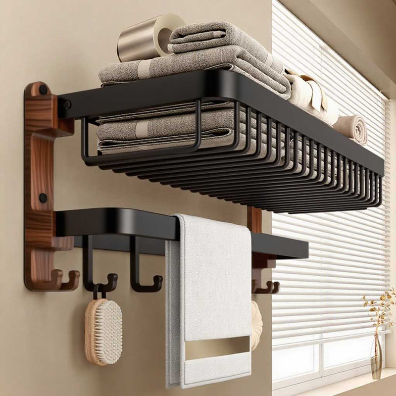 Walnut-Colored Towel Rack, No-Drill Bathroom Storage Rack, Wall-Mounted Washroom Toilet Storage Shelf Walnut-Colored Towel Rack, No-Drill Bathroom Storage Rack, Wall-Mounted Washroom Toilet Storage Shelf