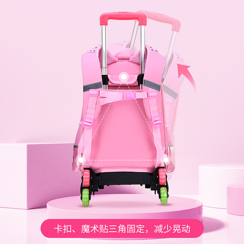 Elementary School Children's Trolley Schoolbag for Girls in Grades 2-3-6, Detachable, Stair-Climbing, Large-Capacity Backpack, Waterproof and Weight-Reducing Drag Bag for Girls