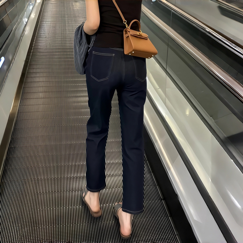 Dark Blue Slim Straight-Leg Jeans for Women, New Spring and Autumn Style, Winter Fleece-Lined, Petite Size, Stretchy, Ankle-Length Cigarette Pants