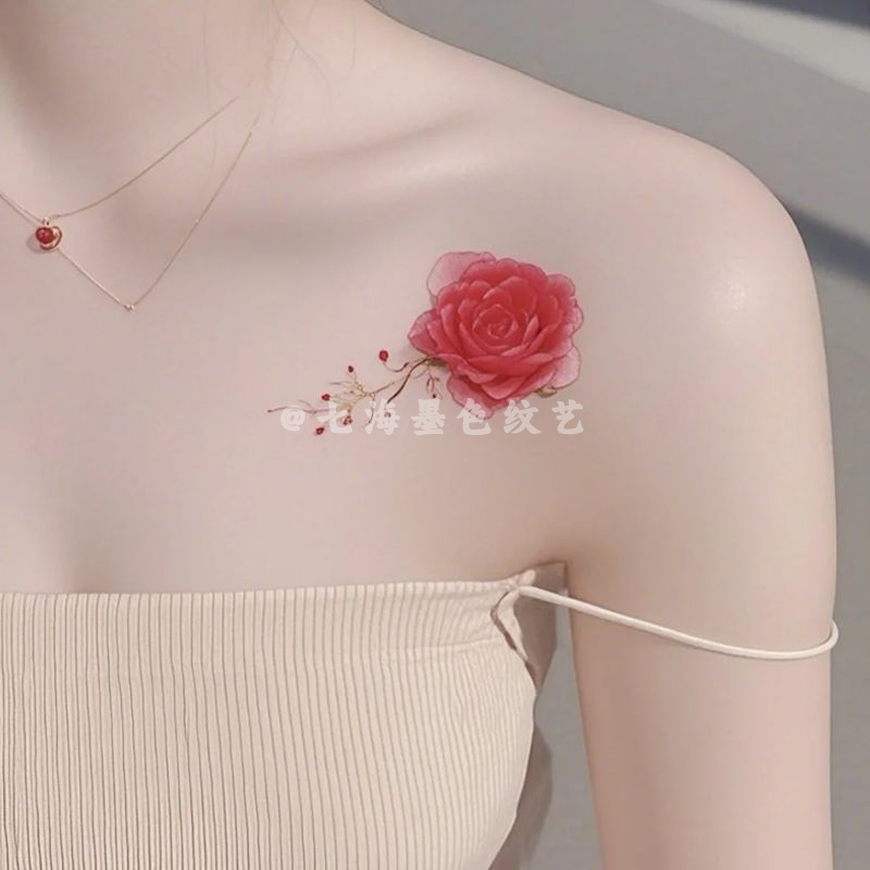 Pure Desire Sexy Collarbone Rose Color Tattoo for Women Waterproof Long-Lasting Beautiful Realistic Tattoo High-End Realistic Sticker