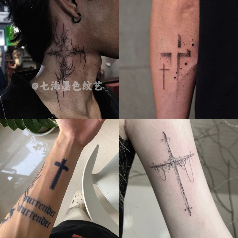 Dark Style European and American Cross Juice Tattoo Stickers Herbal Semi-Permanent ins Arm Waterproof Realistic Fake Tattoo