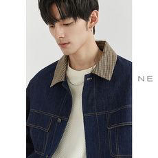 Куртка ne设计感撞色拼接牛仔夹克男加棉加厚2022秋冬新款韩版宽松外套潮