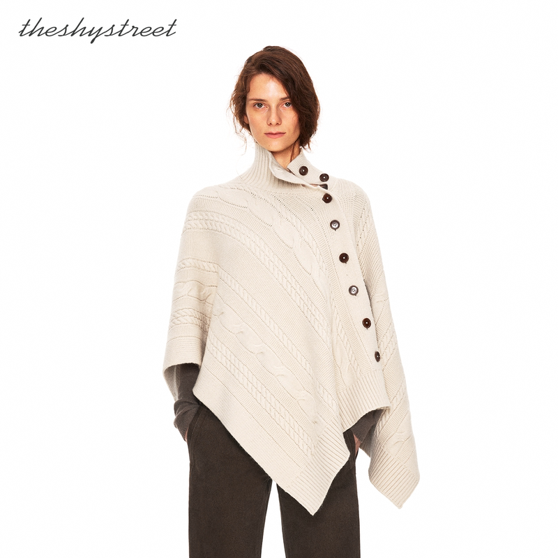 The Shy Street Cable Knit Shawl Cape Half-High Ribbed Stand Collar Side Placket Button-Up Top