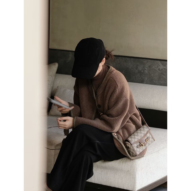 Slightly Drunk-Like Comfort Caramel-Colored "Samena Granular Fleece" Winter Super Warm and Thermal Design Versatile Lamb Wool Coat 2139
