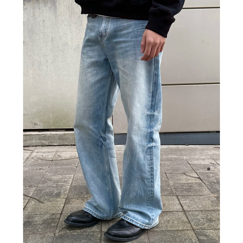 "Drop4" Ice Blue Jeans Washed Distressed High Ounce 2021m Whiskered Retro Straight-Leg Micro Flare Vintage