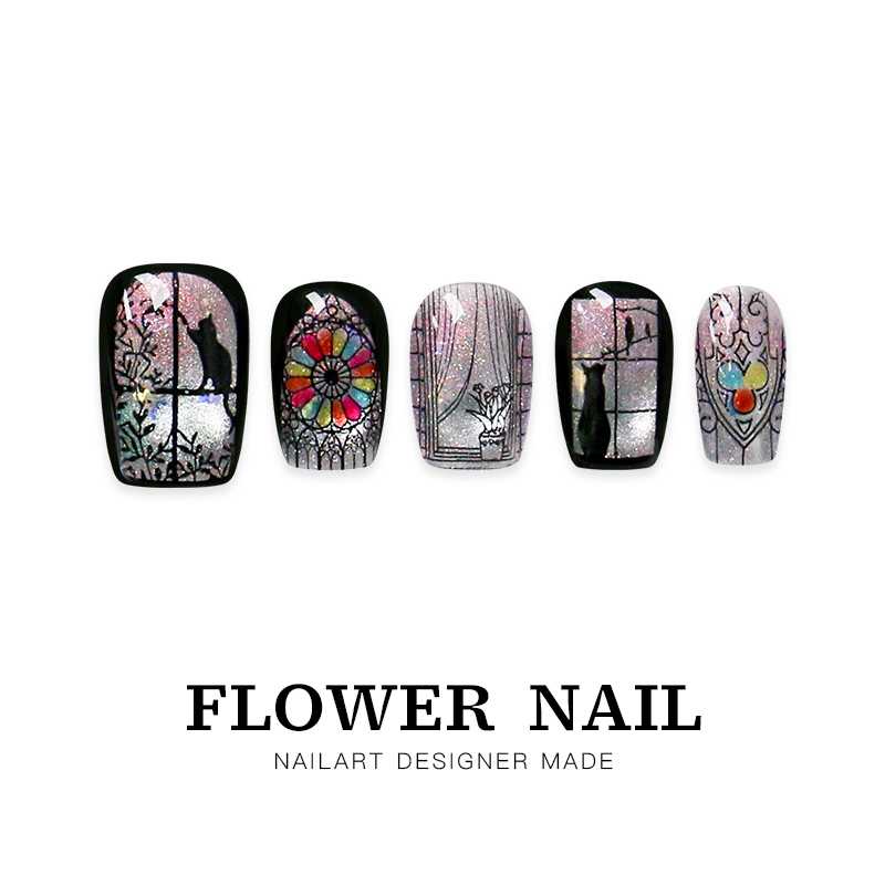 Hua Zhi's "Window to the World" High-End Handmade Black Window Flower Cat Nail Art Wearable Nails Short Style High Quality Hua Zhi's "Window to the World" High-End Handmade Black Window Flower Cat Nail Art Wearable Nails Short Style High Quality
