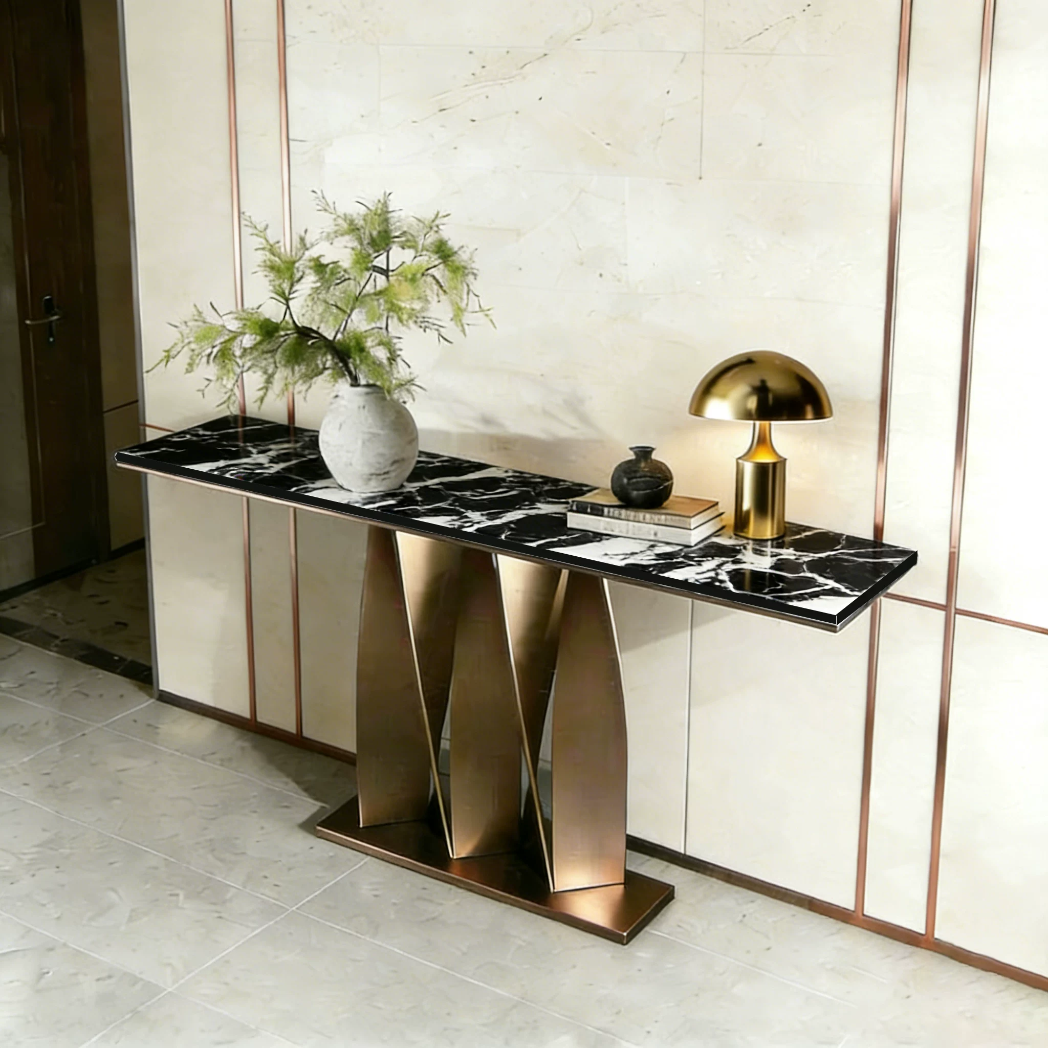 Italian style light luxury entrance hall table villa living room hotel lobby end view table entrance door opposite door entrance table case