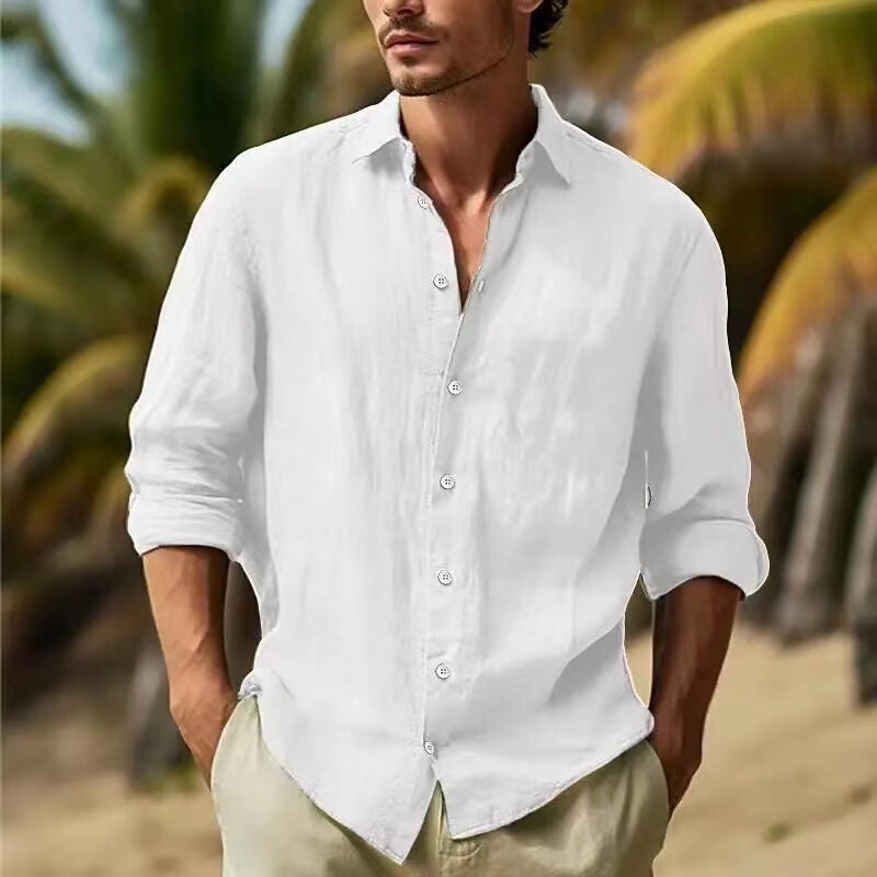 2025 Aliexpress Independent Site Amazon Men's Shirt Button-Down Shirt Summer Beach Shirt Solid Color