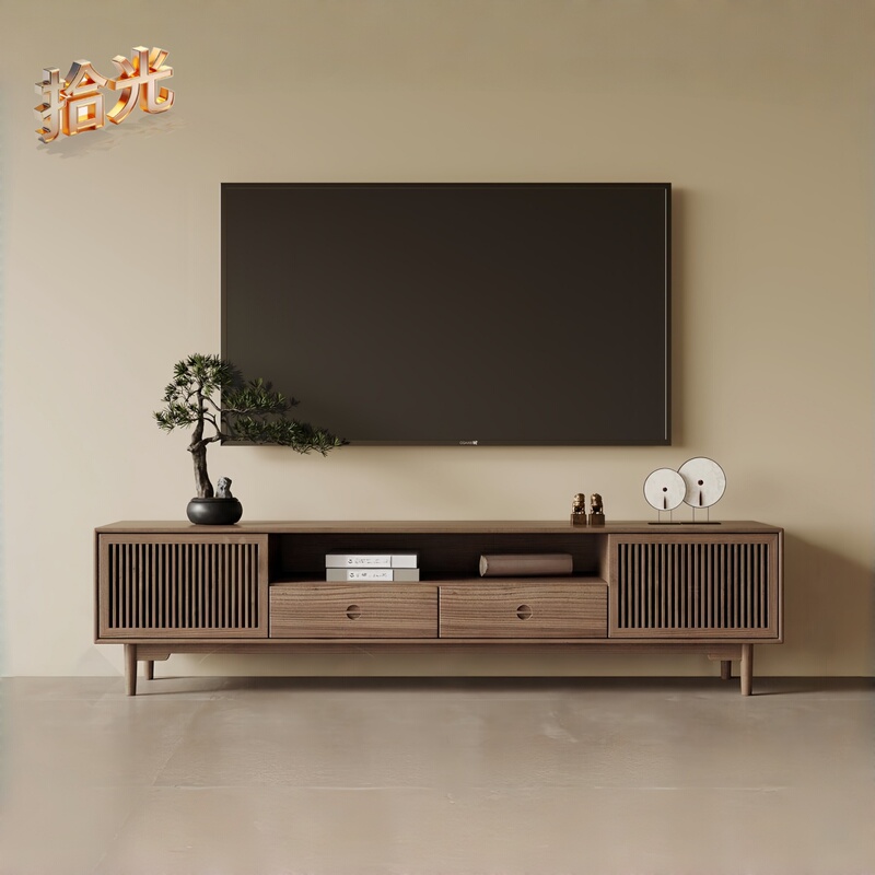 New Chinese-Style Solid Wood Tv Cabinet in Walnut Color with Central Grille, Double Drawers, Large Capacity, Household Storage Low Cabinet New Chinese-Style Solid Wood Tv Cabinet in Walnut Color with Central Grille, Double Drawers, Large Capacity, Household Storage Low Cabinet