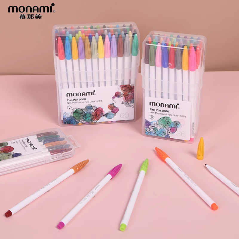 Authentic Korean Monami Watercolor Pens, New 60-Color Fiber Pens P3000 Set, Black and Colorful Water-Based Pens, Cute and Creative for Journaling, Fresh Style Pens, Full Set of Exam Preparation Stationery