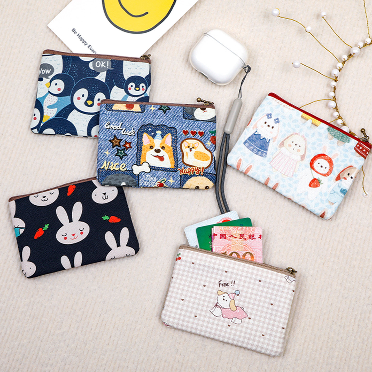 ミニプリントポケットウォレット、フレッシュでかわいいコットン生地のカードホルダー、小銭入れ、女子学生用小銭収納バッグ