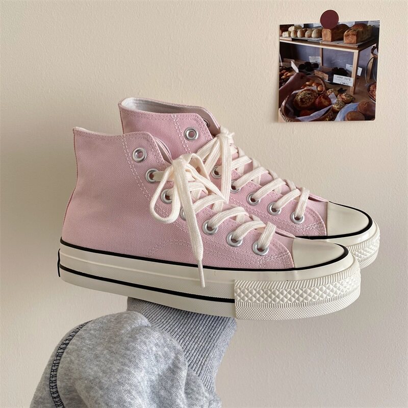 Conclz Trendy Shoes 2025 Spring/Summer New Pink Versatile High-Top Canvas Shoes for Women Hong Kong Style Street Style