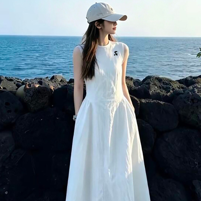 Official Genuine Rr Vephf Gentle Style Sleeveless Vest Dress for Women, Summer Waist-Cinching Slimming Drapey Long Dress