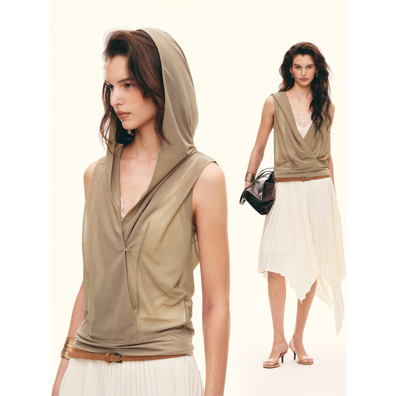 Fu Zhi'En High-Quality Fine Yarn Matte Semi-Transparent Asymmetrical Sleeveless Hooded Wrap Knit Vest Top for Women