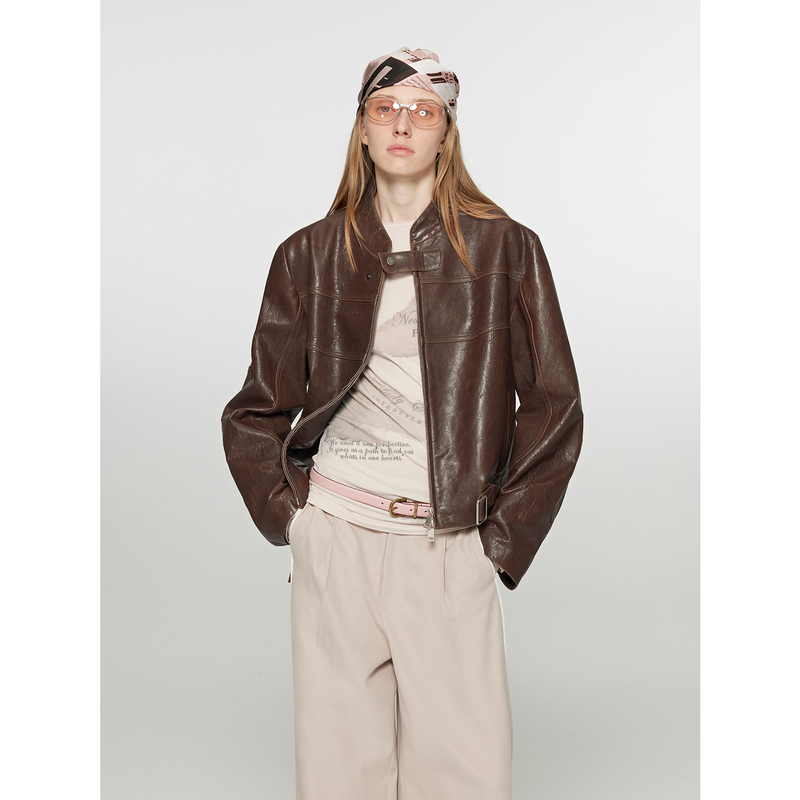 Fu Zhi En Caramel Mountain Vintage Sheepskin Genuine Leather Brown Leather Jacket Women's Small Stand Collar Motorcycle Jacket Short Style Spring