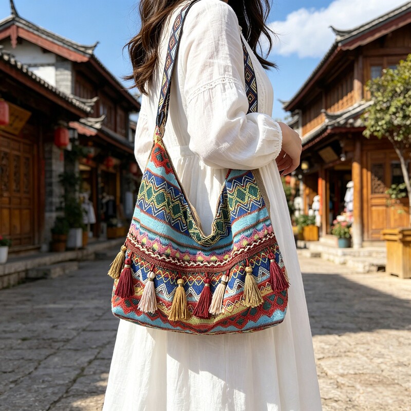 Bohemian Ethnic Style Bags, Vintage Tassel Bags, Guangxi Zhuang Brocade Bags, Yunnan Dali Specialty Souvenirs for Gifting