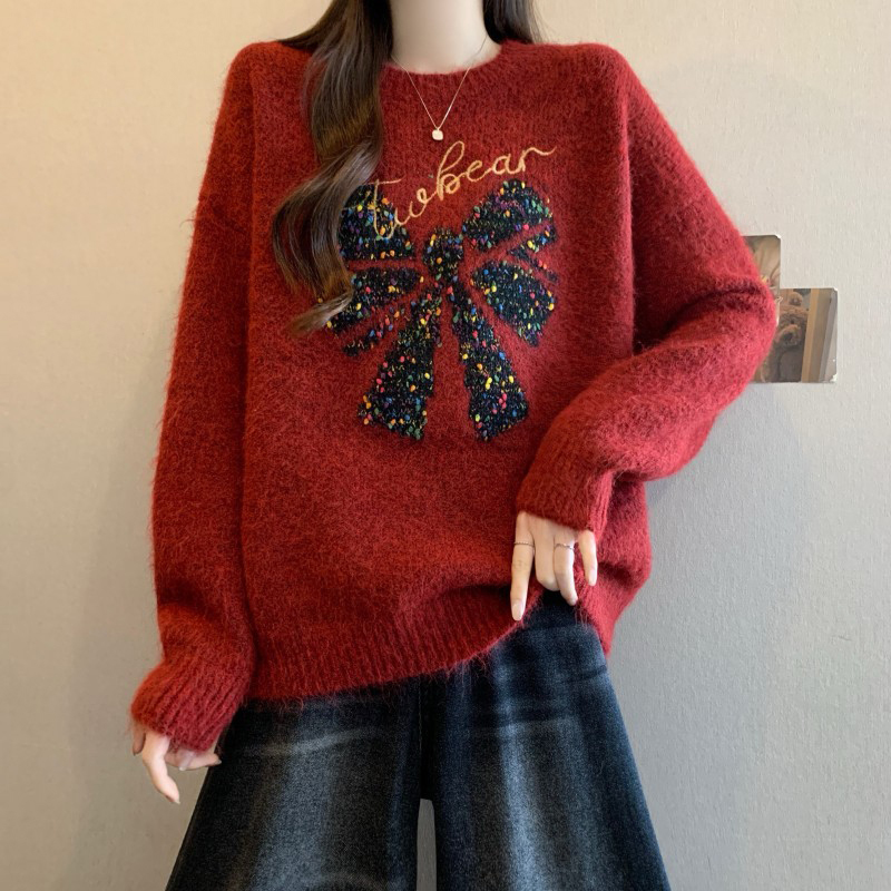 Red Bow Pullover Christmas Sweater for Women, Autumn and Winter Plus Size, Loose Sequined New Year Knit Top for Chubby Girls