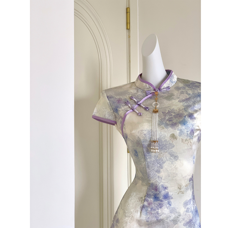 【Purple Jade】New Chinese-Style Light Purple Dress, Everyday Elegance, Slim Fit, Cool Feeling, Printed National Style Dress for Summer