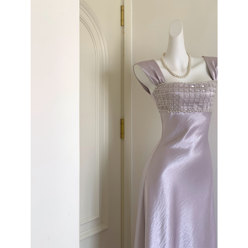 【Zhuoguang】French-Style Vintage Satin Dress with a High-End Feel, Heavily Beaded, Waist-Cinching, Sleeveless, Spaghetti Strap Long Dress Gown
