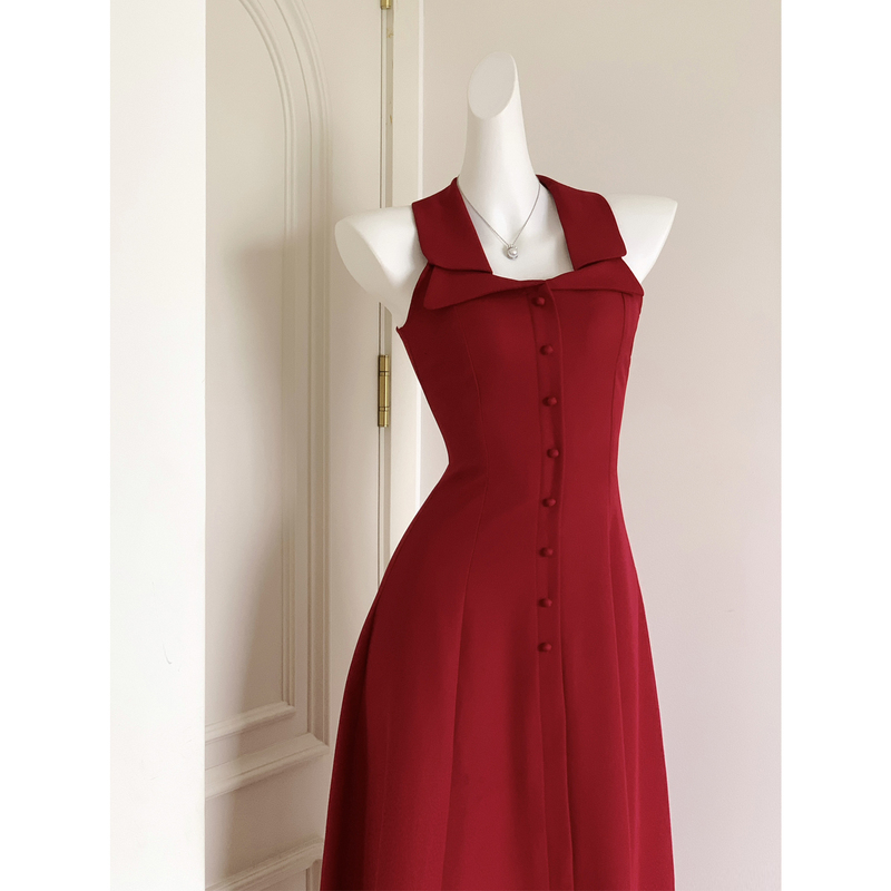 [Scarlett] French Retro Red Dress with Hepburn-Style Suit Collar, Sleeveless, Waist-Cinching, Elegant A-Line Long Dress