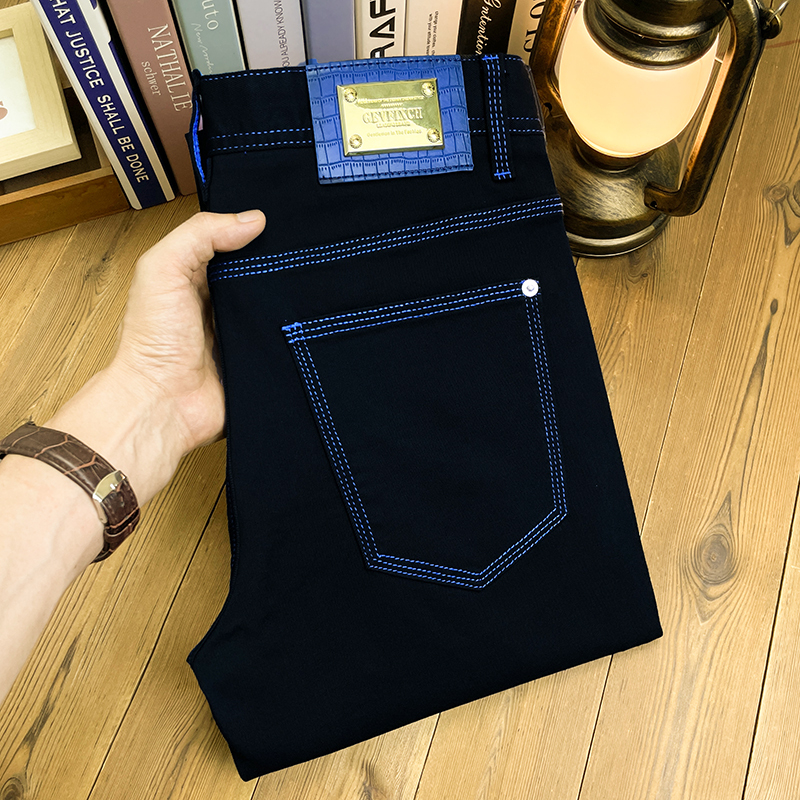 Klein Blue Three-Needle Jeans, Summer Thin Style, Pure Black, Non-Fading, Men's Slim Fit, Versatile, Stretchy, Fashionable
