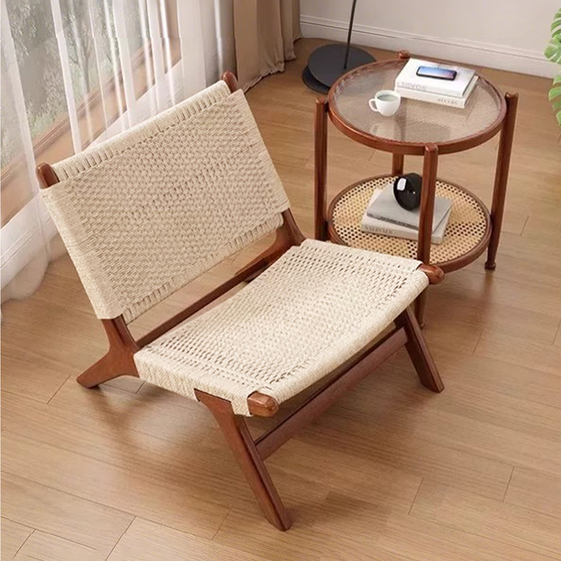 Solid Wood Sofa Chair, Balcony Leisure Chair, Mid-Century Style Rattan Chair, Single-Person Living Room Recliner, Home and Guesthouse Saddle Chair