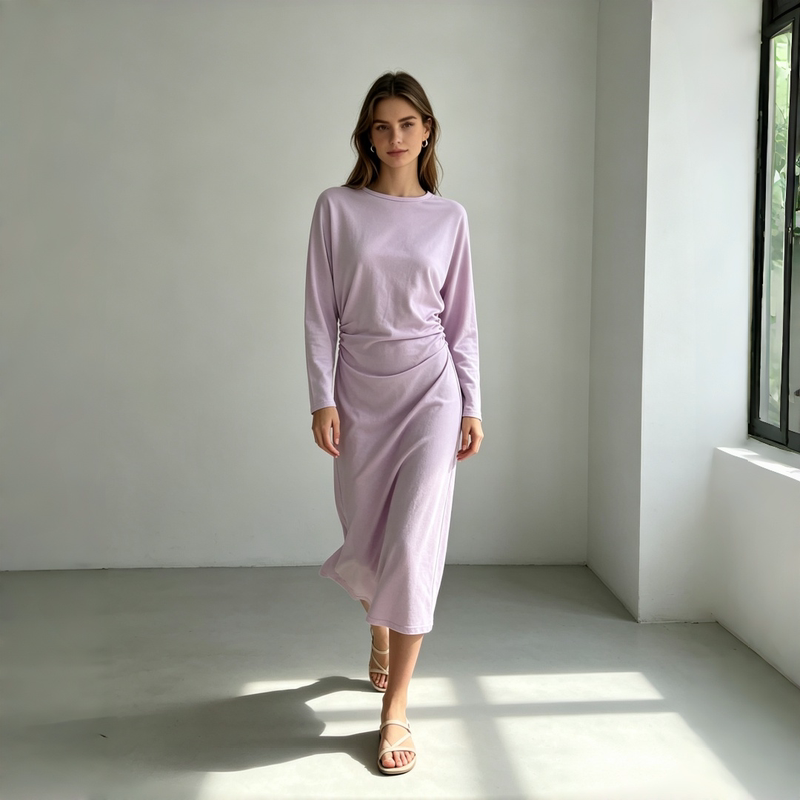 Foreign Trade Export to Europe and America, Spring and Autumn Rayon Long-Sleeved Round Neck Plus-Size Long Dress, Waist-Cinching Slimming A-Line Dress 55