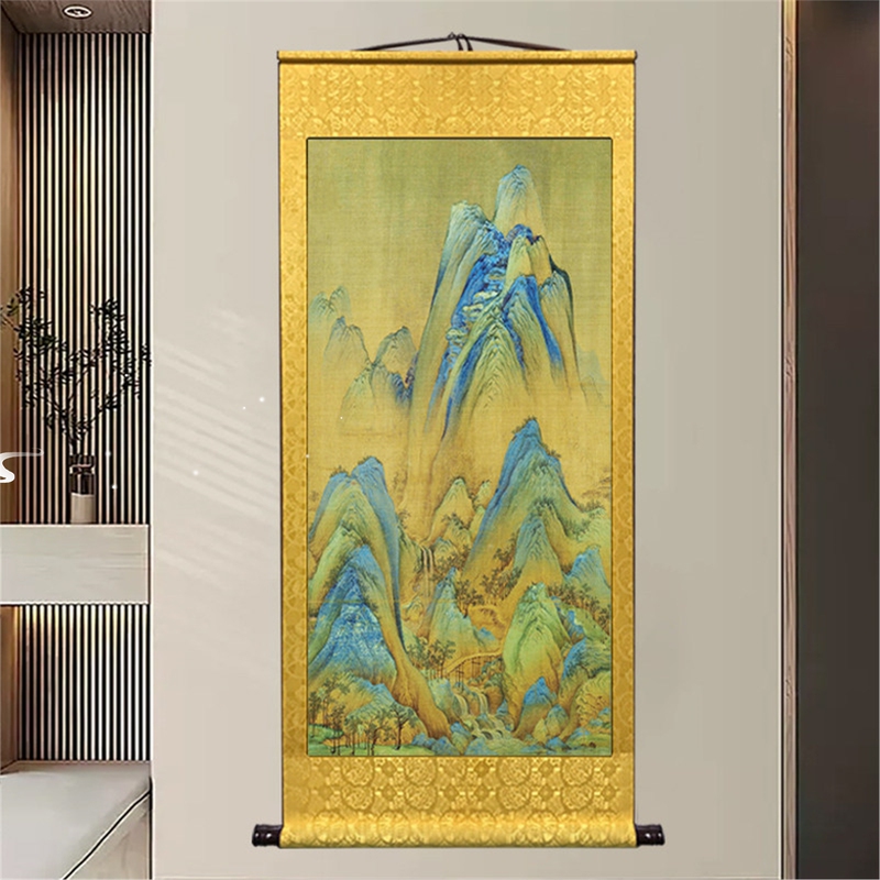 Vertical Version of the Famous Painting "Qianli Jiangshang Tu" by Wang Ximeng, a Green Landscape Scroll Painting for Hanging in the Living Room or Entryway Decoration