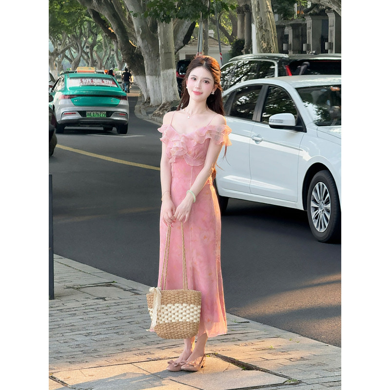 Lili Lili【Peach Evening Breeze】French Resort Style Ruffled Fishtail Dress Design Elegant Dress